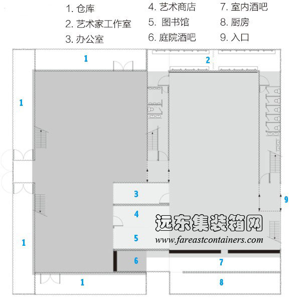 集裝箱建筑： Gwanju 集裝箱藝術(shù)館一層平面圖