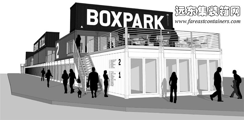 BOXPARK shoreditch 盒子公園集裝箱購物中心的外觀效果圖